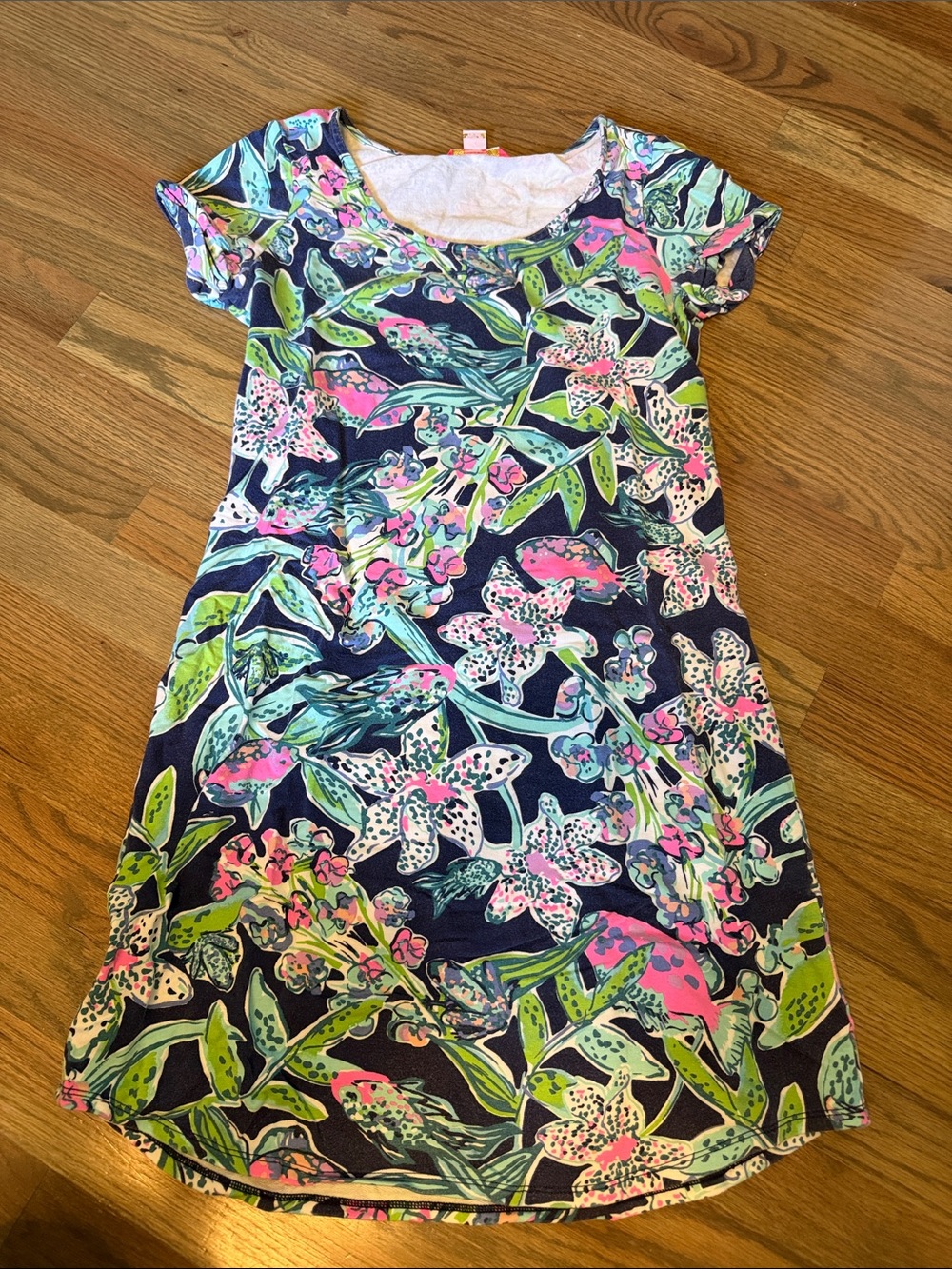 Lilly Pulitzer Navy Floral Short Sleeve Dress with Pink & Green Accents